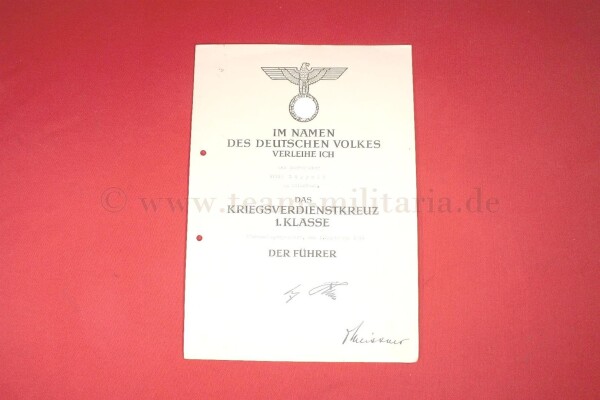 Verleihungsurkunde Kriegsverdienstkreuz 1.Klasse 1939 mit großen Reichsadler