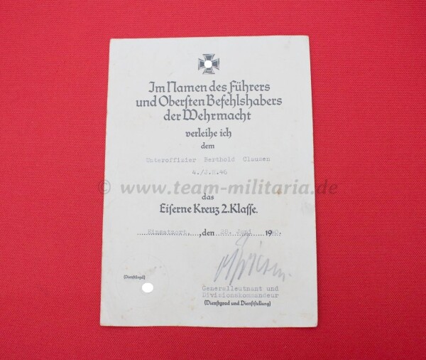 Verleihungsurkunde zum Eisernen Kreuz 2.Klasse 1939