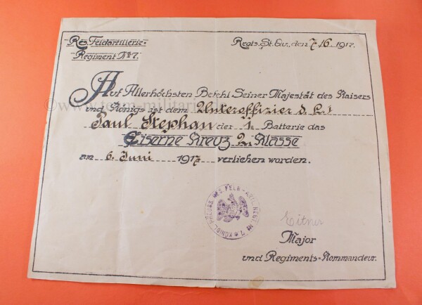 Verleihungsurkunde zum Eisernen Kreuz 2.Klasse 1914 (Res.Feldartillerie Reg Nr.7)