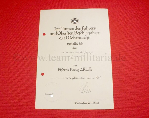 Verleihungsurkunde zum Eisernen Kreuz 2.Klasse 1939 (Ou Risse)