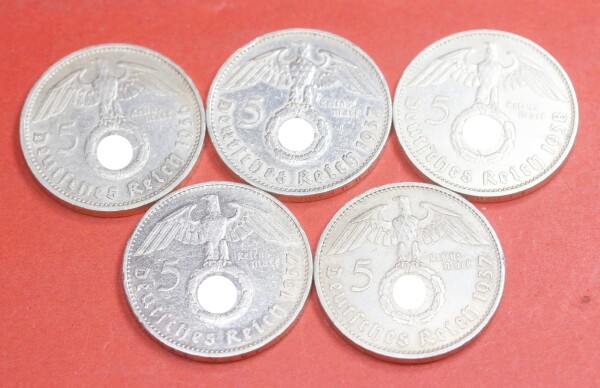 5 x Fünf Reichsmark Silber Hindenburg