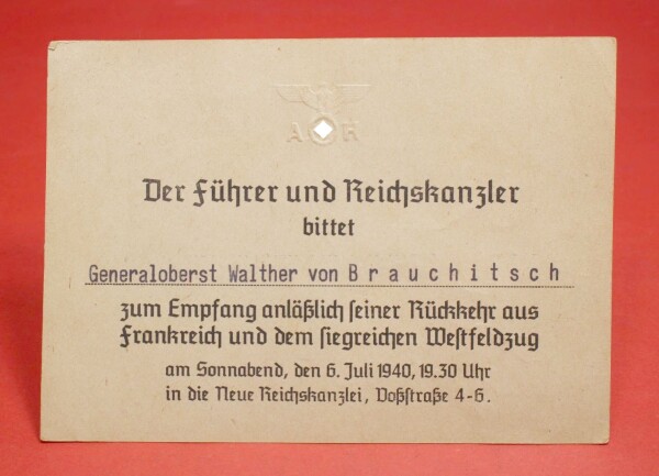 Einladungskarte zum Empfang durch den Führer an Generaloberst Walter von Brauchitsch