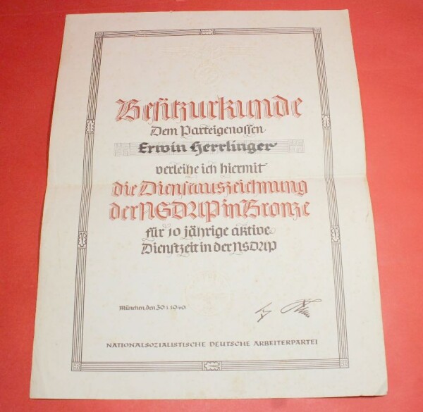 große Besitzurkunde zur NSDAP Dienstauszeichnung in Bronze an Erwin Herrlinger