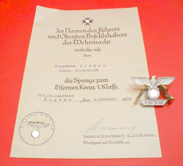 Wiederholungsspange Eiserne Kreuz 1.Klasse mit Verleihungsurkunde an Kommandeut Binkau (Pi.Batl.58) - TOP SET 