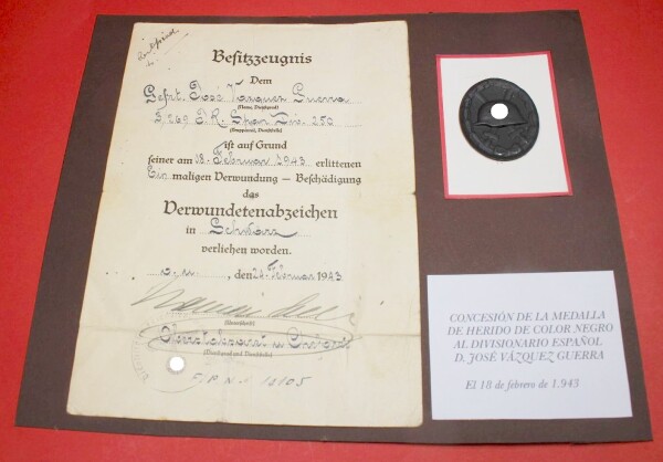 Urkunde zum Verwundetenabzeichen Schwarz eines Freiwilligen der blauen Division  (3/269 I.R. Spain Div 250) - ULTRA SELTEN