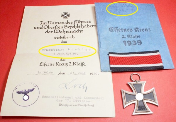Eisernes Kreuz 2.Klasse in Tüte mit VerleihungsurkundeUffz Liebig 6./Inf.Rgt.95