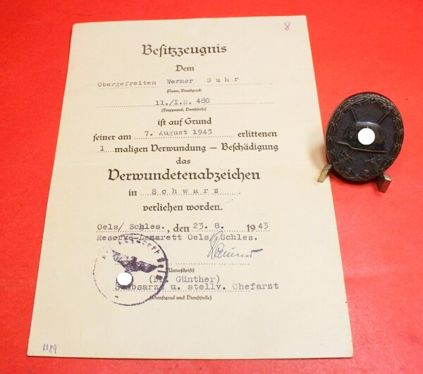 Verwundetenabzeichen in Schwarz mit Besitzzeugnis OGF Werner Suhr 11./I.R. 480