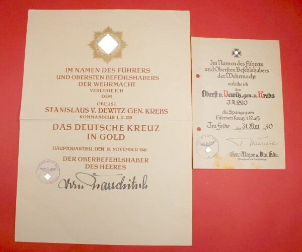 Urkunde Deutsches Kreuz in Gold - St. von Dewitz genannt Krebs (Kommandeur I.R.200)