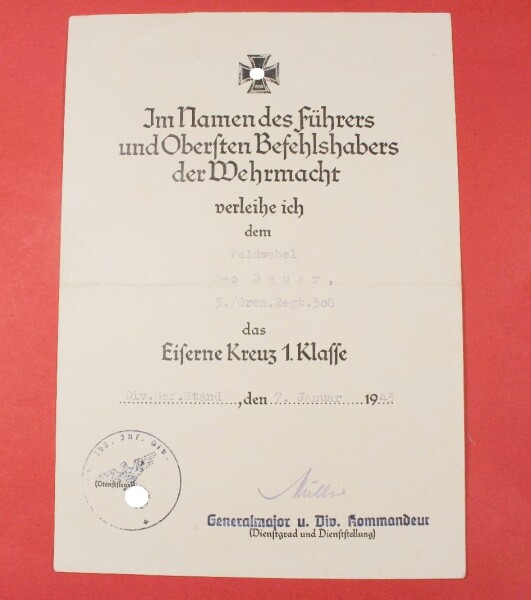Verleihungsurkunde zum Eisernen Kreuz 1.Klasse 1939 Feldwebel Leo Bauer 5./Gren.Regt.308