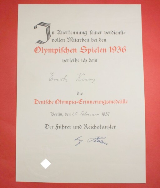 Verleihungsurkunde zur Olympia-Erinnerungsmedaille 1936