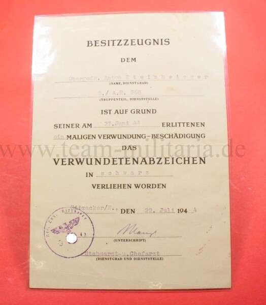 Besitzzeugnis Obergefr. 2./A.R. 268 Verwundetenabzeichen in Schwarz
