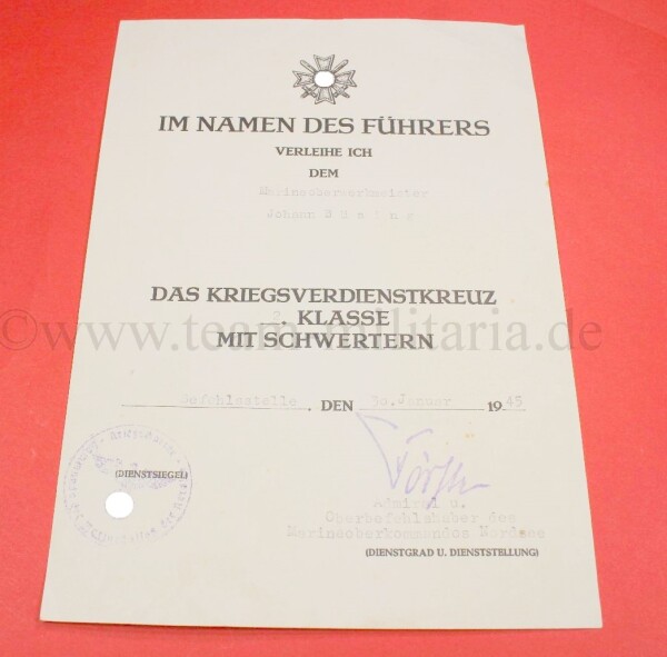Verleihungsurkunde zum Kriegsverdienstkreuz 2.Klasse 1939 mit X an Marineoberwerkstadtmeister