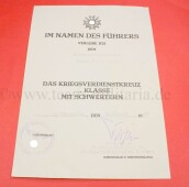 Verleihungsurkunde zum Kriegsverdienstkreuz 2.Klasse 1939...