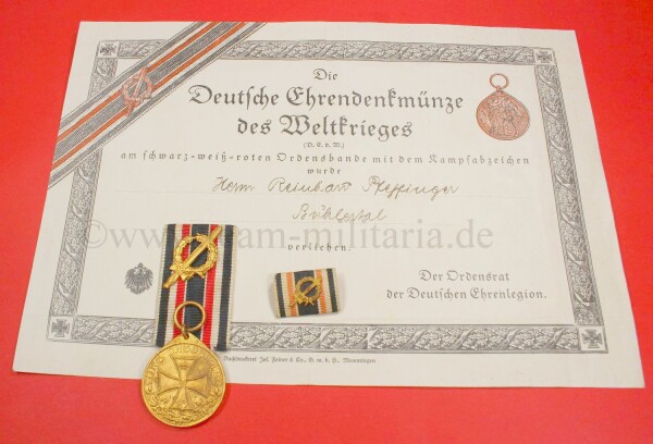 Deutsche Ehrendenkmünze des Weltkrieges mit Kampfabzeichen, Urkunde und Bandspange