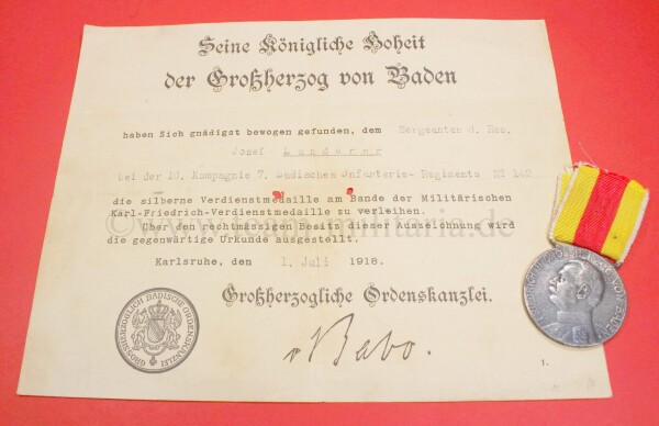 Verdienstmedaille Baden mit Urkunde Josef Landerer 10.Komp 7.badische Inf.-Reg. Nr.142