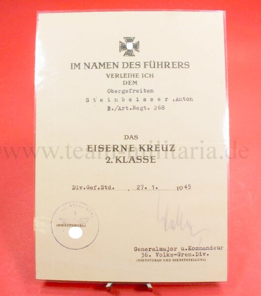 Verleihungsurkunde zum Eisernen Kreuz 2.Klasse 1939 an Obergefreiten Anton Steinbeisser 2./Art.Rgt.268
