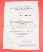 Verleihungsurkunde zum Kriegsverdienstkreuz 2.Klasse an...