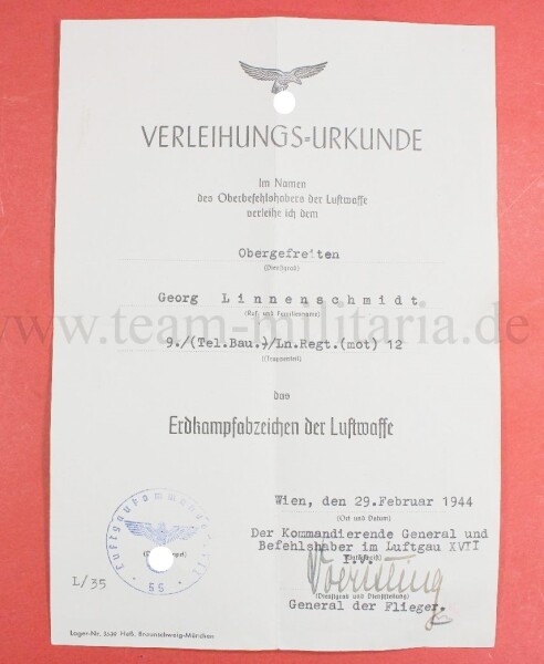 Verleihungsurkunde Erdkampfabzeichen der Luftwaffe (Tel.Bau.)/Ln.Regt.(mot)12