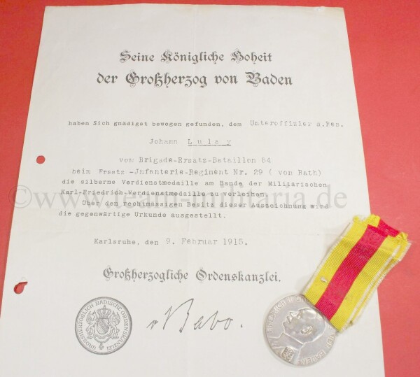 Verdienstmedaille Baden mit Urkunde Uffz Johann Lulay Brigade-Ers.-Bat 84
