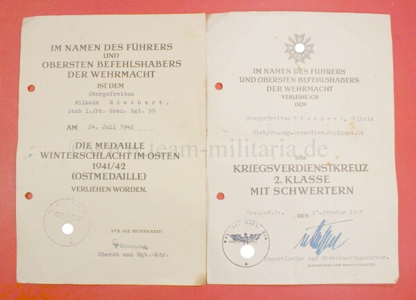 Urkunden Duo Wilhelm Riechert Stab. /./Pz. Gren.Rgt. 59