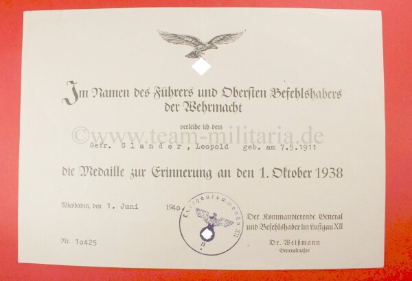 Verleihungsurkunde (Luftgaukommando XII) zur Medaille zur Erinnerung an den 1.Oktonber 1938