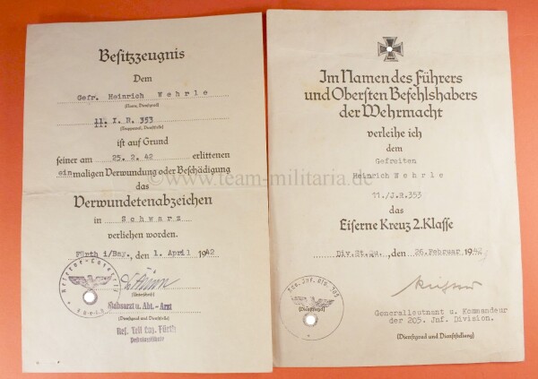 Urkundenduo Verwundetenabzeichen in Schwarz und Eisernes Kreuz 2.Klasse 1939  (J.R.353)