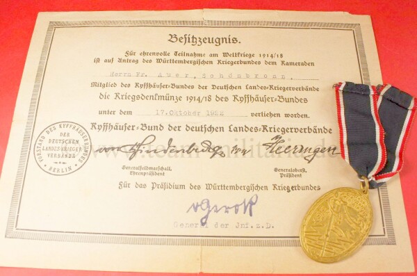 Kyffhäuser Kriegsgedenkmünze 1914/18 mit Besitzzeugnis