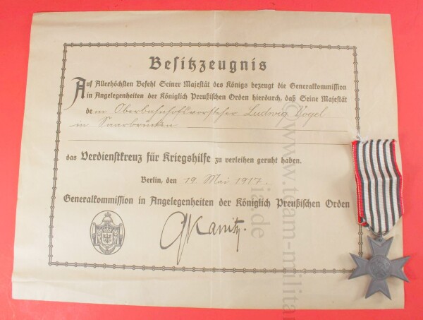 Verdienstkreuz für Kriegshilfe mit Urkunde 1916