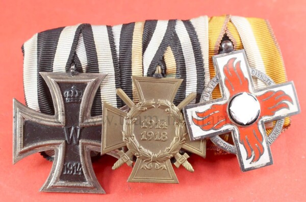 3-fach Ordensspange Feuerwehr-Ehrenzeichen 2. Klasse / Eisernes Kreuz 2.Klasse 1914