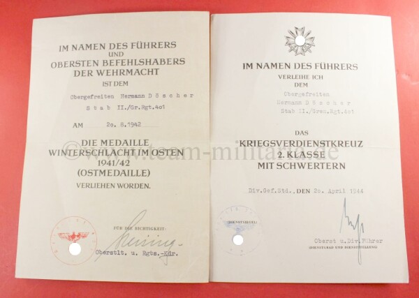 Urkundenduo Ostmedaille und Kriegsverdienstkreuz 2.Klasse 1939 (Gr. Rgt. 401)