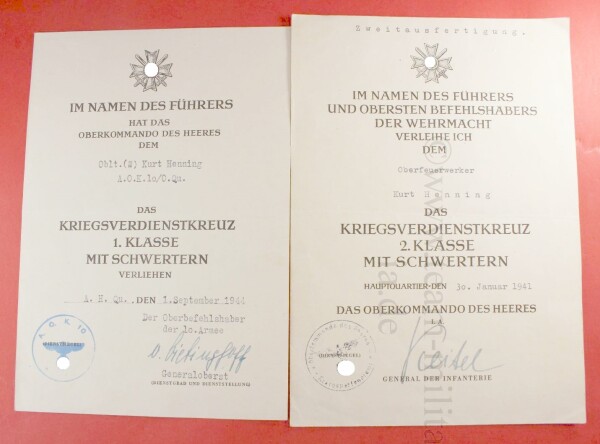 Urkundenduo Feuerwerker Hennig Kriegsverdienstkreuz 1.Kl. & 2.Kl.  939 Keitel / EL Träger Vietinghoff)