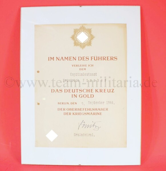 große Verleihungsurkunde zum Deutschen Kreuz in Gold Kapitänleutnant Friedrich Fischer