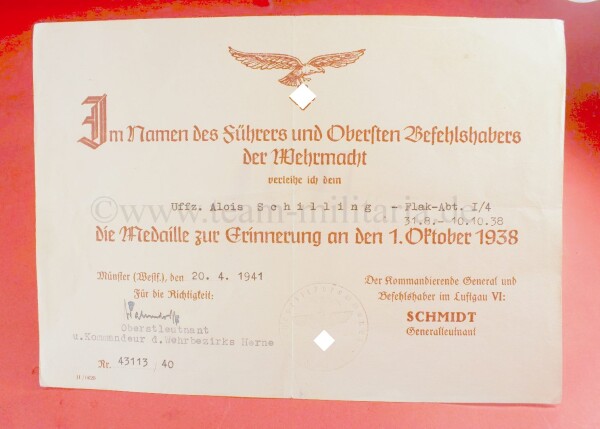 Urkunde Medaille Sudetenland Uffz. Alois Schilling Flak-Abt. I/4