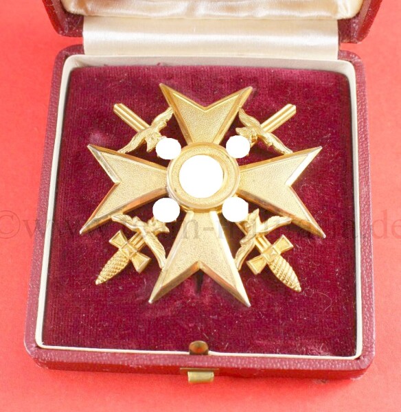 Spanienkreuz mit Schwertern in Gold (Godet) im roten Etui - SEHR SELTEN