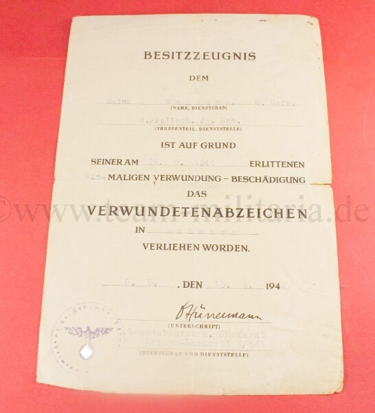 Besitzzeugnis zum Verwundetenabzeichen in Schwarz 4./Fallschirm-Jäger-Regiment