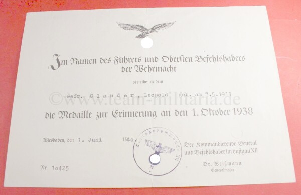 Verleihungsurkunde zur Medaille zur Erinnerung an den 1.Oktober 1938 Sudentenland -Luftwaffenversion
