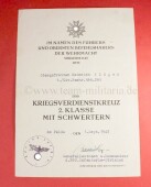 Verleihungsurkunde zum Kriegsverdienstkreuz 2.Klasse 1939...