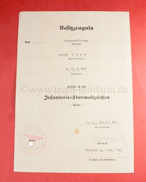 Besitzzeugnis zum Infanteriesturmabzeichen in Silber Oberschütze Erich Rath 8./I.R. 282