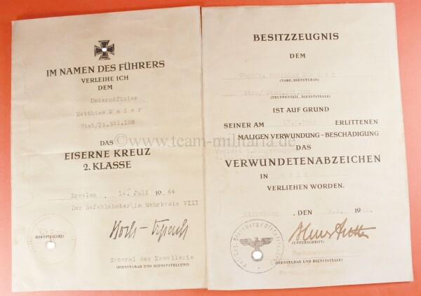 Urkunden Duo Uffz Maier Stab./Pi.Btl.188 zum EKII 1939 und VWA in Gold - SELTEN