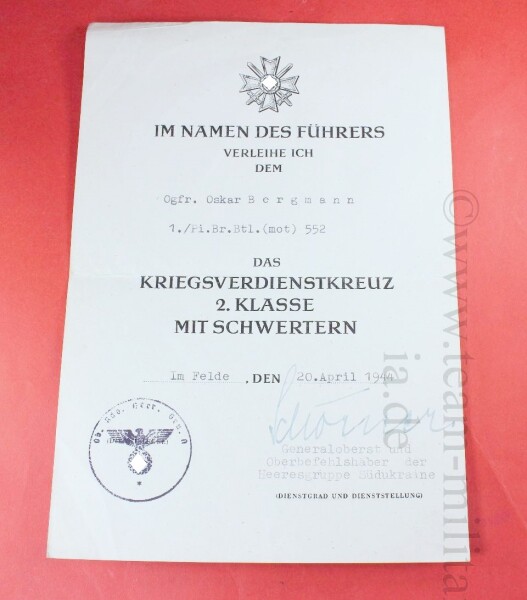 Verleihungsurkunde zum KVK II.Klasse 1939  Pi.Br.Btl (mot) (OU Brilliantenträgers F. Schörner)