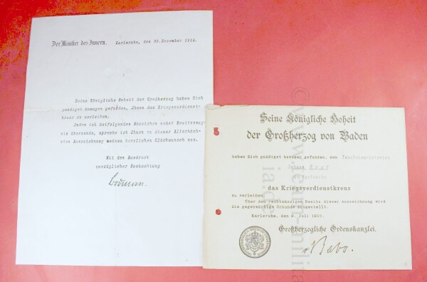 Verleihungsurkunde zum Kriegsverdienstkreuz Baden mit Übersendungsschreiben