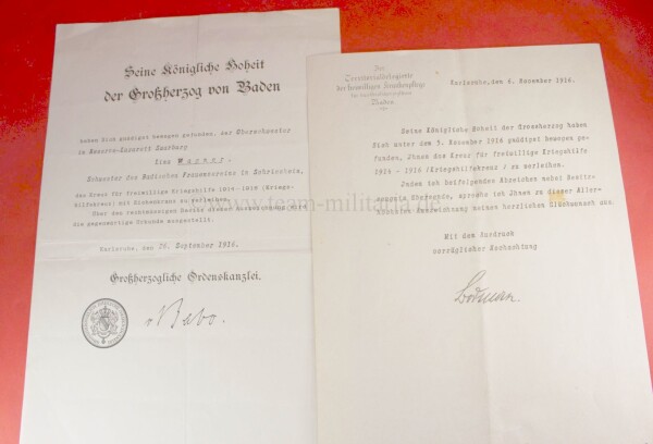 Urkunde Kreuz für freiwillige Kriegshilfe 1914-18 mit Eichenkranz Baden