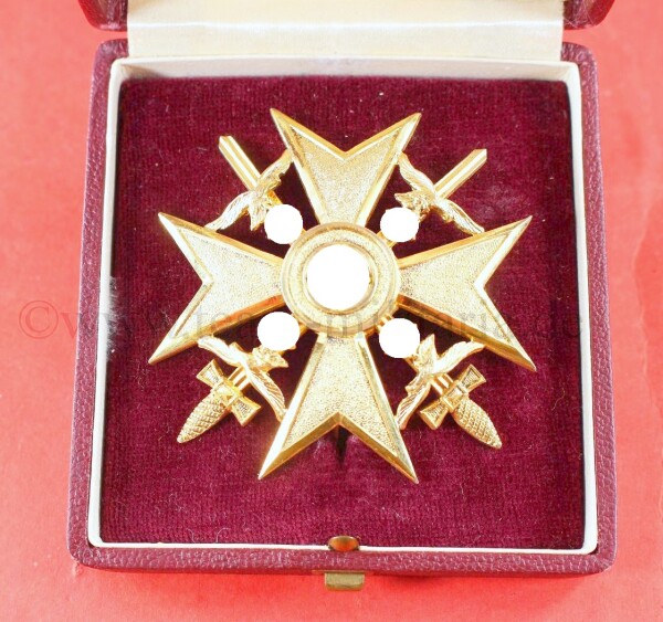 Spanienkreuz mit Schwertern in Gold (Godet) im roten Etui - SEHR SELTEN
