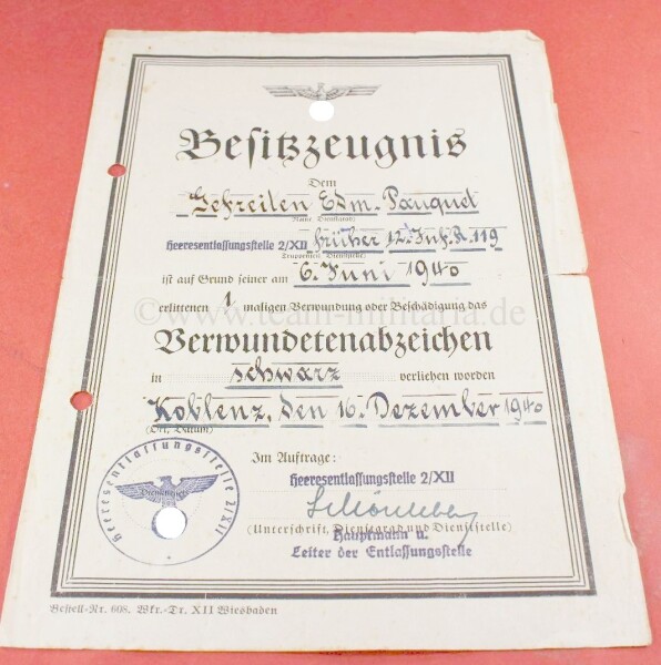 Besitzzeugnis zum Verwundetenabzeichen in Schwarz Gefr.Edmund Pauqud 12.Inf.R.119