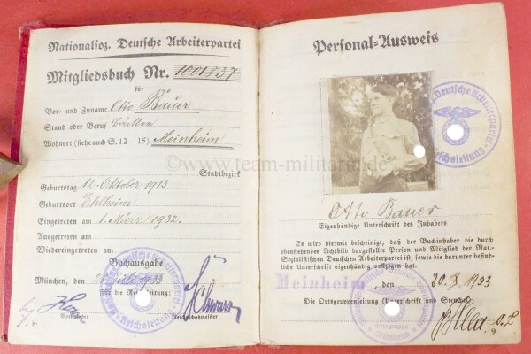 frühes Mitgliedsbuch der NSDAP 1932 Nr.1001837 Otto Bauer (Meinheim)