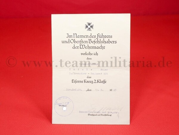 Verleihungsurkunde Eisernes Kreuz 2.Klasse 1939