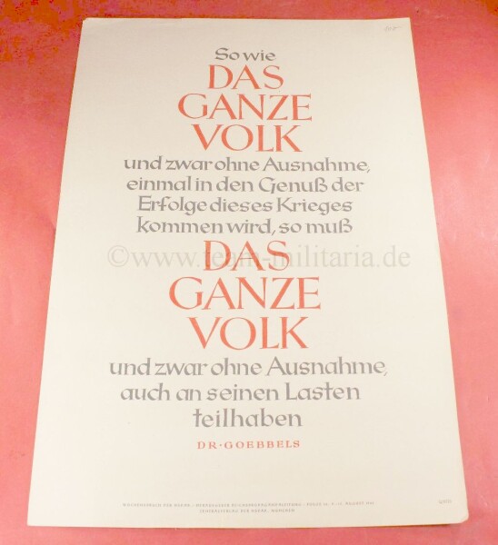 Poster / Wandbild / Wochenspruch NSDAP Propaganda Poster Dr. Gobbels - SELTEN