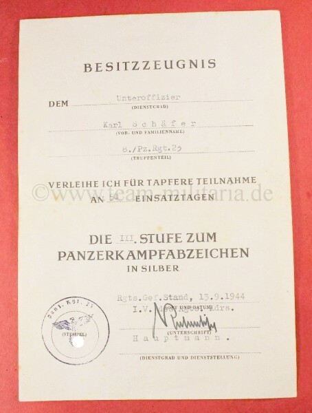 Besitzzeugnis Panzerkampfabzeichen 3.Stufe in Silber  für 50 Einsatztage Uffz. Karl Schäfer 8./Pz.Rgt.23