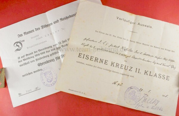 Urkundenduo Jakob Keßler Eiserne Kreuz 2. Klasse 1914 und Ehrenkreuz für Frontkämpfer