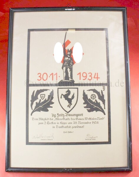 große Urkunde Mitglied der "Alten Garde des Gaues Westfalen-Nord" 1934